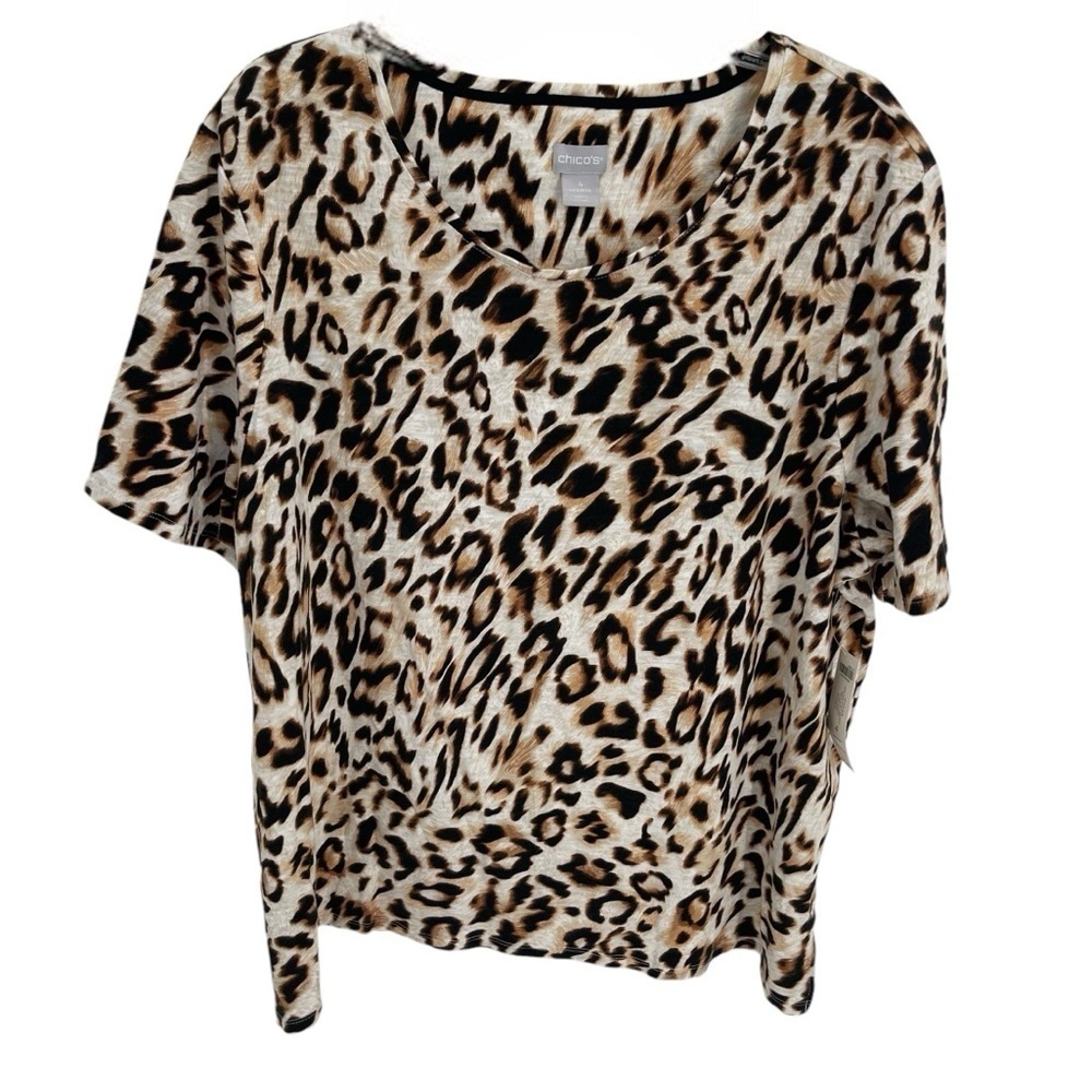 CHICO'S Womens Animal Print Top Leopard Short Sleeve Stretch NWT Size 4 (2X)